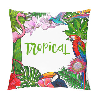 Personality  Banner With Tropical Palm Leaves, Birds, Flowers, Place For Text Pillow Covers