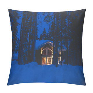 Personality  Beautiful Scandinavian Finnish Swedish Norwegian Wooden Cottage Cabin Near Slopes On A Ski Resort In The Night Time Pillow Covers