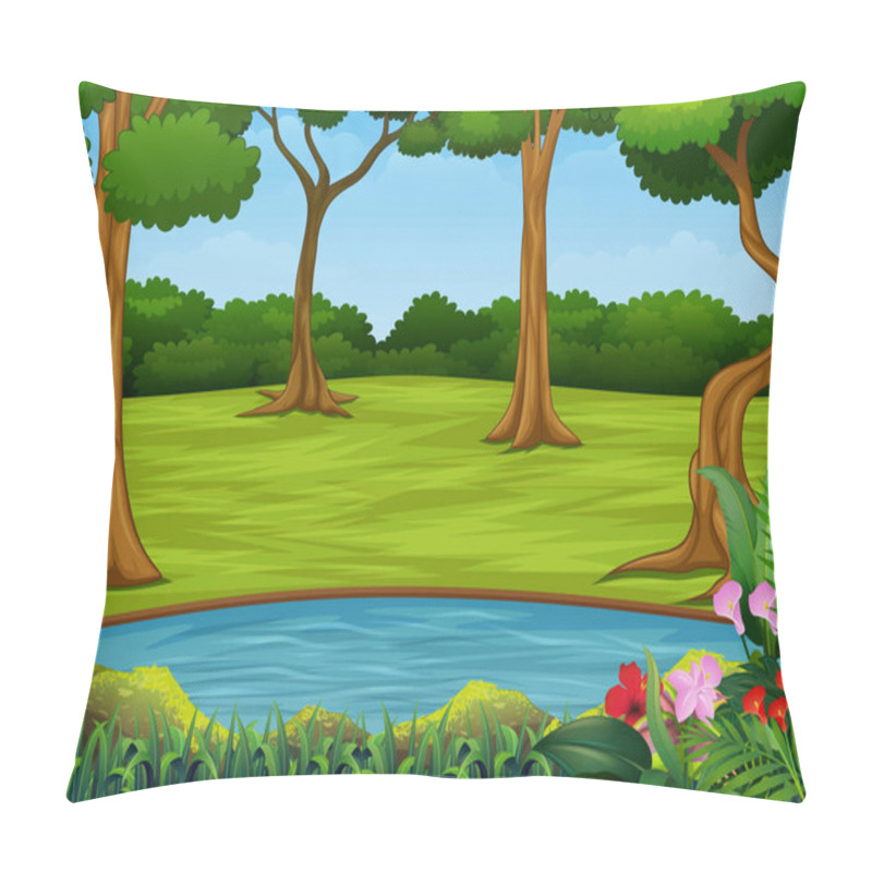 Personality  Forest scene with many trees and small pond pillow covers