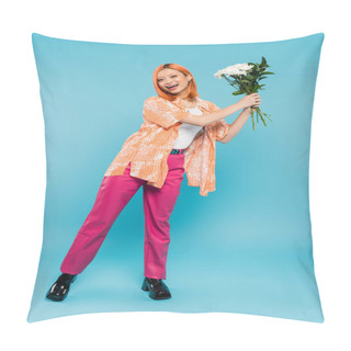 Personality  Positivity, Amazed Asian Woman With Red Hair Holding White Flowers On Blue Background, Casual Attire, Generation Z, Floral Bouquet, Spring Vibes, Happy Face, Gen Z, Youth Culture, Full Length Pillow Covers
