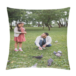 Personality  Asian Parent And Daughter Feeding Birds In Summer Park  Pillow Covers