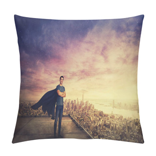 Personality  Confident Man With Crossed Arms Standing On Skyscraper Rooftop Over Big City Sunset Horizon As A Superhero With A Cape Watching The Cityscape Horizon. Super Power Metaphor. Pillow Covers