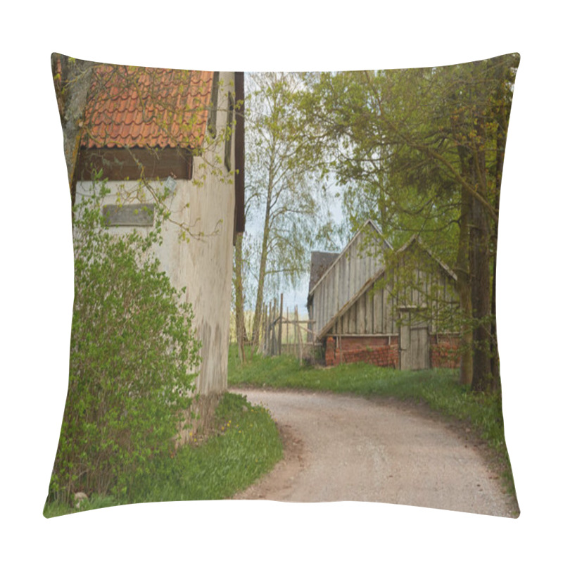 Personality  An old stone house. Red tile roof, wooden details. Green garden. Spring, early summer. Idyllic rural scene. Architecture, exterior design, building traditions, countryside living, tourism themes pillow covers