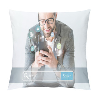 Personality  Smiling SEO Developer In Gray Suit Using Smartphone, Isolated On White With Website Search Bar And Icons Pillow Covers