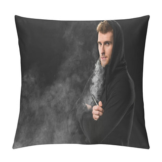 Personality  Young Bearded Man Exhaling Smoke Of Electronic Cigarette Surrounded By Clouds Of Steam Pillow Covers