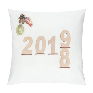Personality  Top View Of Wooden Numbers With Date Symbolizing Change From 2018 To 2019 With Christmas Decorations Isolated On White Pillow Covers