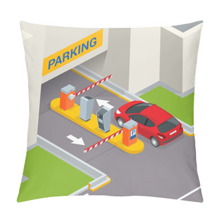Personality  Isometric Parking Payment Station, Access Control Concept. Parking Ticket Machines And Barrier Gate Arm Operators Are Installed At The Entrance And Exit Of Parking Area As Tools To Charge Parking Fee. Pillow Covers