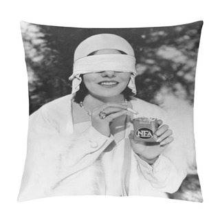 Personality  Young Woman With Blindfolded Eyes Taking Out A Cigarette From A Cigarette Pack Pillow Covers