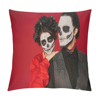 Personality  Woman In Catrina Makeup And Black Wreath Leaning On Shoulder Of Eerie Man On Red, Day Of Dead Pillow Covers