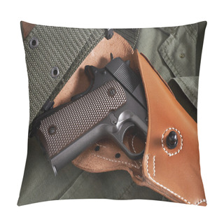 Personality  Colt Pistol In Holster And Belt Lie On Military Jacket Pillow Covers