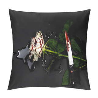 Personality  Beautiful And Bloody White Rose With Knife On The Dark Background. Bloody Rose - Conceptual Photo.  White Rose With Knife And Blood. Pillow Covers