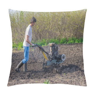 Personality  Man In Wellingtons With Cultivator Ploughing Ground In Sunny Day. Farmer Plowing Kitchen-garden In Suburb. Land Cultivation, Soil Tillage. Spring Work In Garden. Gardening Concept. Pillow Covers