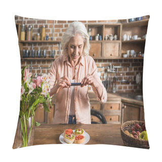 Personality  Woman Photographing Plate With Food At Kitchen Pillow Covers