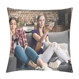Personality  Young Women Watching Tv Pillow Covers