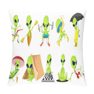 Personality  Vector Set Of Green Aliens Sport Illustrations. Pillow Covers