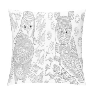 Personality  Animal Coloring Pages. Cute Owls In Winter Hats. Line Art Design For Adult Or Kids Colouring Book In Zentangle Style. Vector Illustration.  Pillow Covers