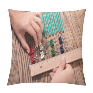 Personality  Person Arranging The Colorful Bulldog Clips With Scale On Wooden Desk Pillow Covers