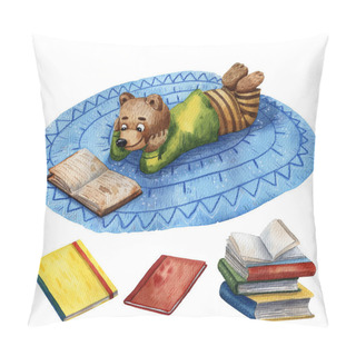 Personality  Watercolor Illustration Of Cute Bear. Pupil Character. Elementary School Illustration. Cartoon Style. School Books. Drawing Book Illustration. Little Clever Boy With Books. Children Library. Pillow Covers