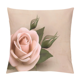 Personality  Retro Background With Beautiful Pink Rose With Buds. Vector Illu Pillow Covers