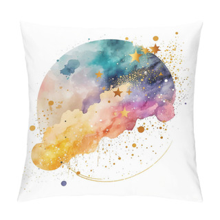 Personality  Watercolor Splash Sky Clouds Stars Blot Splatter Stain. Round Pattern. Gold Glitters. Colorful Watercolor Brush Stroke, Circle. Textured Hand Drawn Vector Illustration.  Isolated Design On White. Pillow Covers