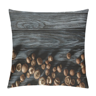 Personality  Top View Of Row Champignon Mushrooms On Grey Wooden Surface Pillow Covers