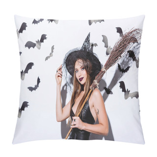 Personality  Girl In Black Witch Halloween Costume With Broom Near White Wall With Decorative Bats Pillow Covers