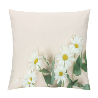 Personality  Flowers Composition Background. Bouquet Of Flowers Camomiles And Green Eucalyptus Branches On Pale Beige Background. Flowers Frame. Valentine's Day, Women's Day Concept.Top View. Copy Space Pillow Covers