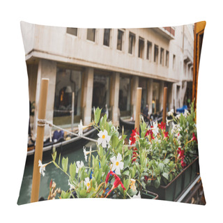 Personality  Selective Focus Of Flowers And Ancient Building On Background In Venice, Italy  Pillow Covers
