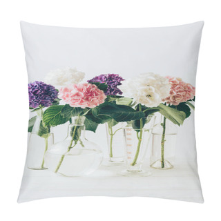 Personality  Colorful Hydrangea Flowers In Glass Vases, On White Pillow Covers