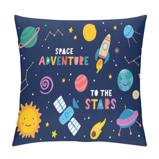 Personality  Big Set Of Cute Funny Objects In Space, With Planets, Stars, Quotes, Constellation, Rocket, Ufo And Satellite. Vector Illustration. Scandinavian Style Flat Design. Concept For Children Print. Pillow Covers
