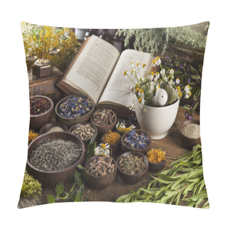 Personality  Herbal Medicine On Wooden Desk Pillow Covers