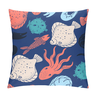 Personality  Cute Hand Drawn Vector Seamless Pattern With Marine Fish And Animals In Linocut Design Pillow Covers