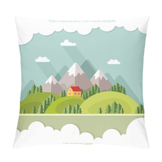 Personality  Landscape. Houses In The Mountains Among The Trees. Flat Style, Pillow Covers