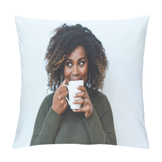 Personality  Portrait Of Smiling Mid Adult Afro Woman Drinking Coffee Against White Background Pillow Covers