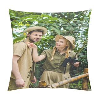 Personality  Attractive Young Couple In Safari Suits With Binoculars Hiking Together In Rainforest Pillow Covers