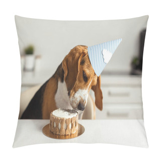 Personality  Birthday For A Dog Of Breed Beagle. Happy Dog Eating Delicious Cake Pillow Covers