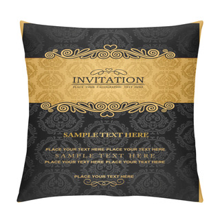 Personality  Abstract Background With Antique, Vintage Frame And Banner, Black Damask Wallpaper With Ornamental, Gold Invitation Card, Baroque Style Label, Fashion Pattern, Graphic Ornament For Decoration, Design Pillow Covers