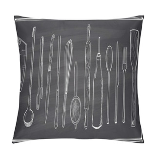 Personality Hand Drawn Set Of Kitchen Utensils On A Chalkboard. Pillow Covers