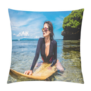 Personality  Sportswoman In Wetsuit And Sunglasses On Surfing Board In Ocean At Nusa Dua Beach, Bali, Indonesia Pillow Covers