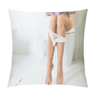 Personality  Partial View Of Woman Reading Magazine And Sitting In Lace Panties In Bathroom  Pillow Covers