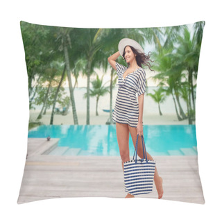 Personality  Happy Young Woman In Summer Clothes And Sun Hat Pillow Covers