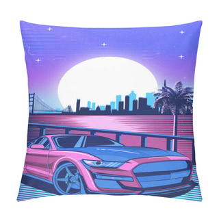 Personality  A Retro Red Car Synthwave Poster With Vaporwave Sunset, Neon Gradient Background Pillow Covers