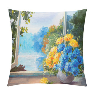 Personality  Bouquet Of Spring Flowers On A Table Near The Window, Oil Painting Pillow Covers