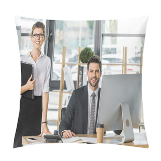 Personality  Smiling Businessman And Businesswoman Looking At Camera In Office Pillow Covers
