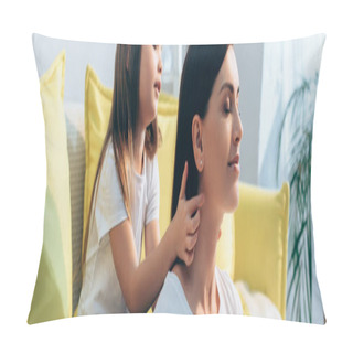Personality  Daughter Plaiting Hair Of Smiling Mother With Closed Eyes At Home On Blurred Background, Banner Pillow Covers