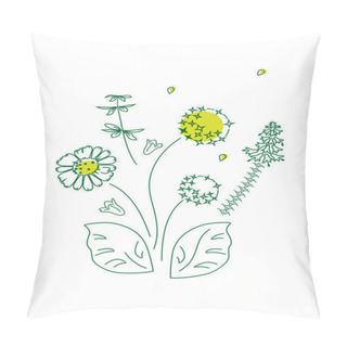 Personality  Vector Illustration Of Flowers, Chamomile, Bells, Wildflowers. Spring Summer Floral Pattern On A White Background, Poster, Cover Of The Site, Web Page. Pillow Covers
