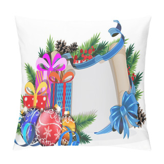 Personality  Paper Scroll With Blue Bow, Gifts And Christmas Balls Pillow Covers
