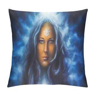 Personality  Spiritual Painting, Woman Goddess With Long Blue Hair Holdingn Eye Contact Pillow Covers