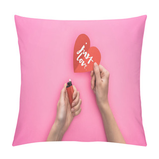 Personality  Cropped View Of Woman Lighting Up Red Paper Heart With Just Love Lettering Near Lighter Isolated On Pink Pillow Covers