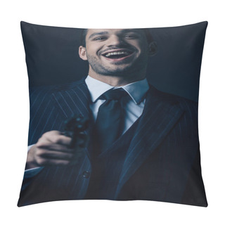 Personality  Selective Focus Of Gangster Aiming Gun, Laughing And Looking At Camera Isolated On Dark Background Pillow Covers